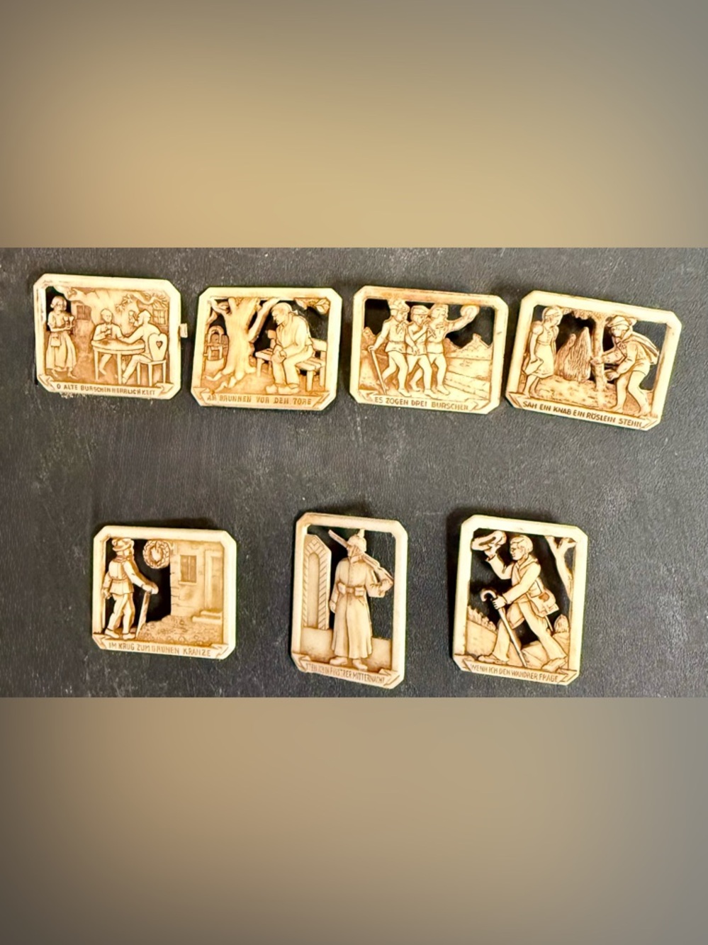 Vintage 1943 German WHW Volkslieder Relief Pins Lot of 7 Folk Song Wartime WWII